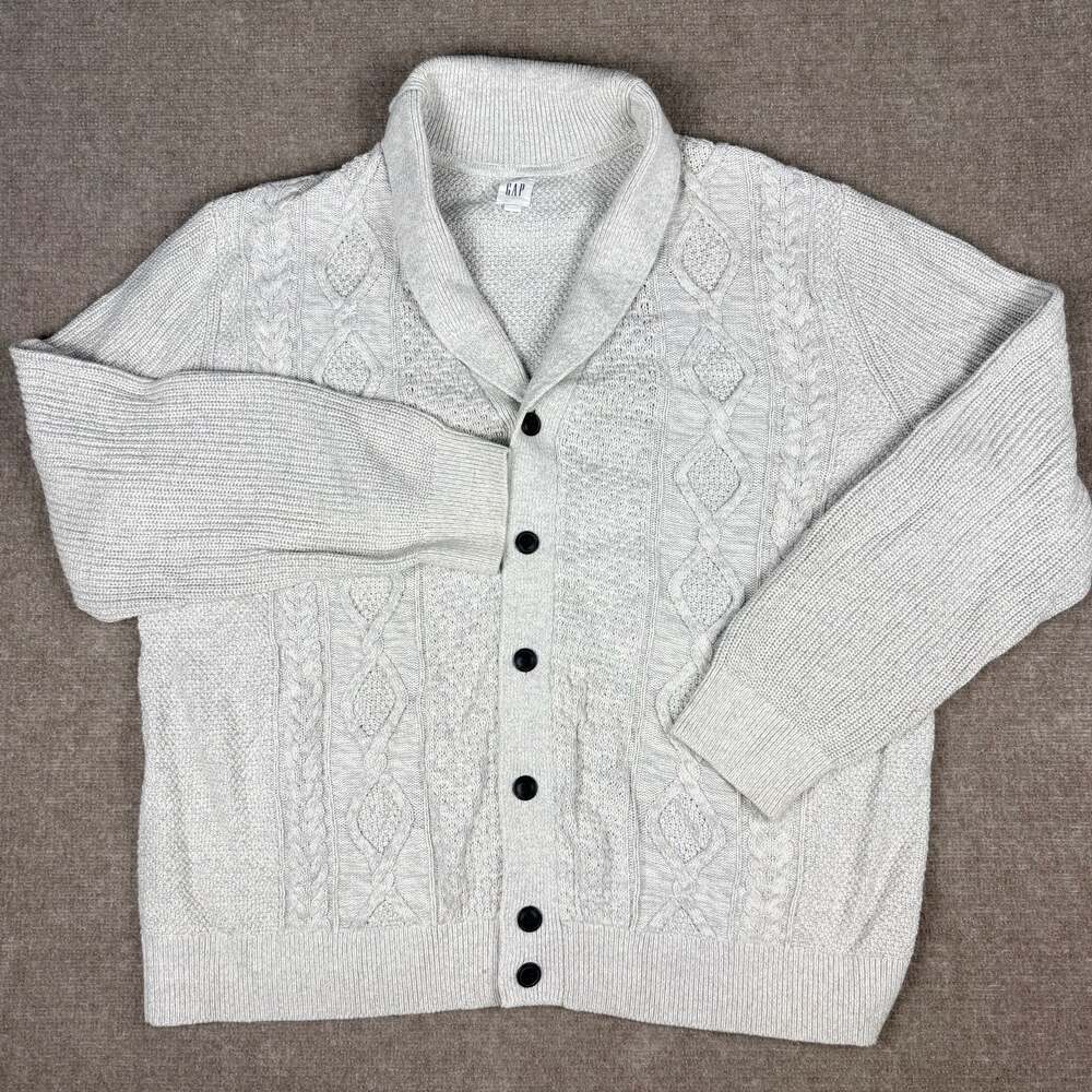 Gap Men's Light Grey Cable Knit Shawl Collar Cotton Cardigan Sweater